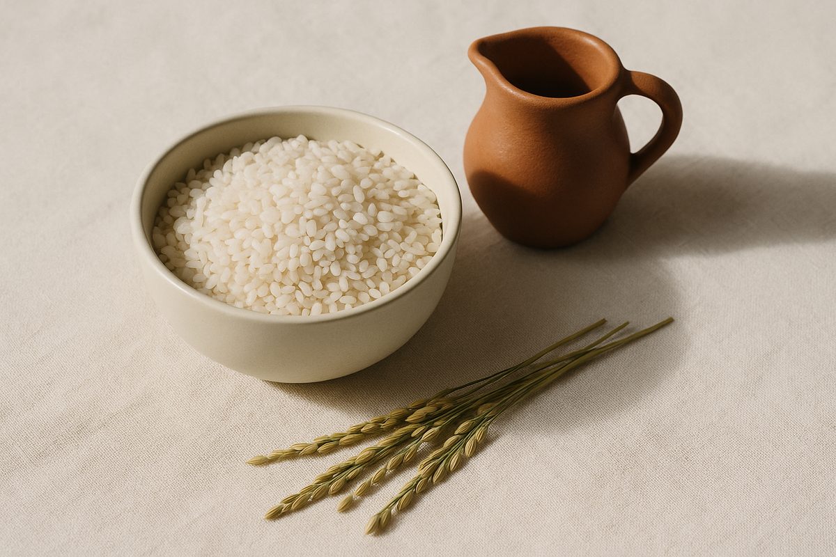 Cuenco ceramico con granos de arroz bomba perlados sobre un mantel de lino blanco, junto a espigas de arroz y una jarra de arcilla.