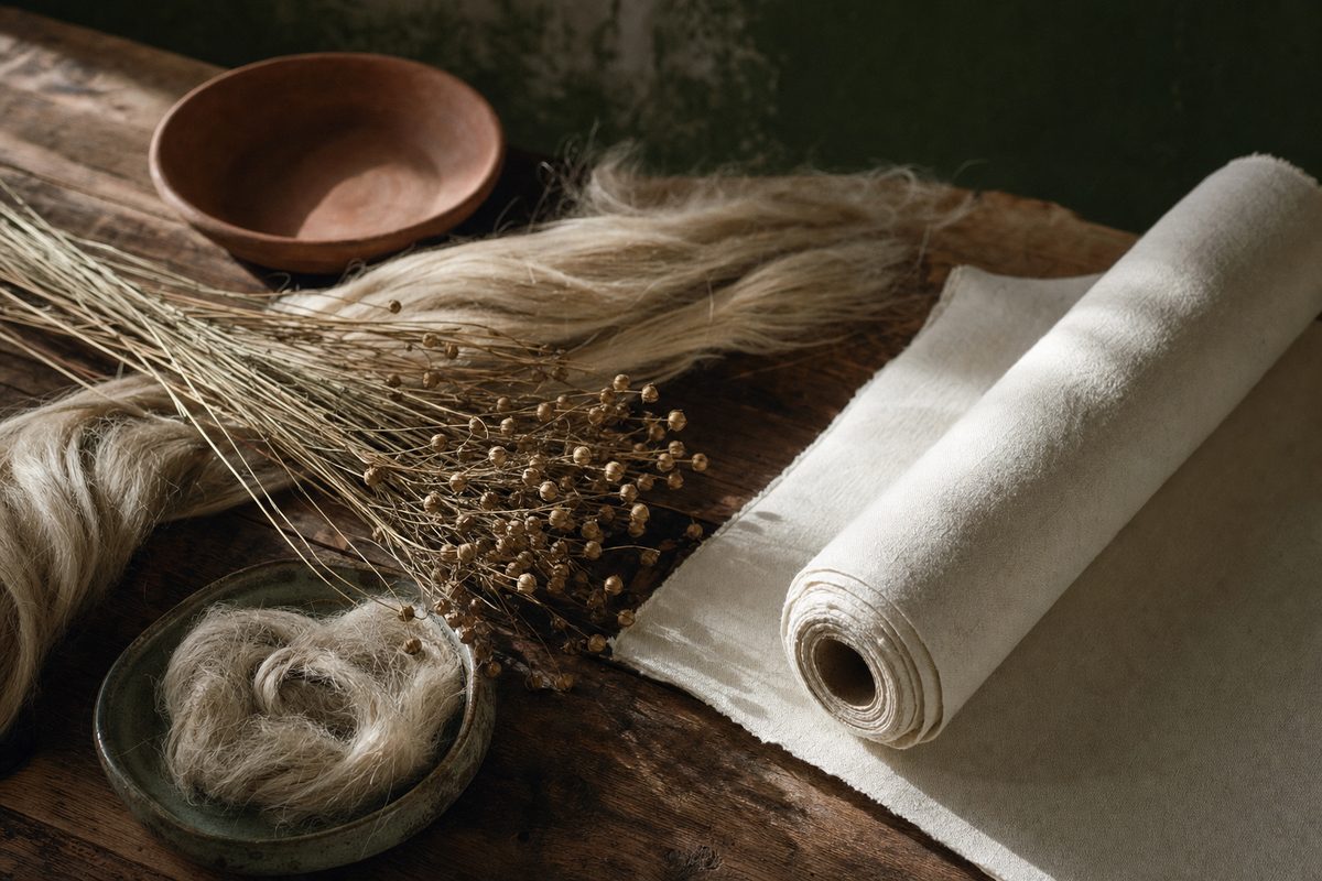 Taimado bodegón con tallos secos de lino dorado, fibras de lino peinadas en su estado crudo y un rollo de tela de lino de color blanco natural sobre una mesa rústica de madera, iluminado por una suave luz lateral.