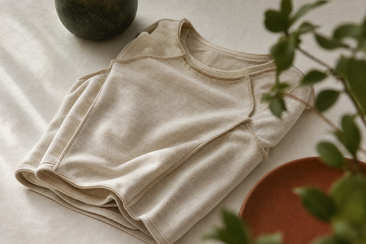 Camiseta de algodón color crudo vuelta del revés, doblada sobre lino claro, con las costuras interiores a la vista