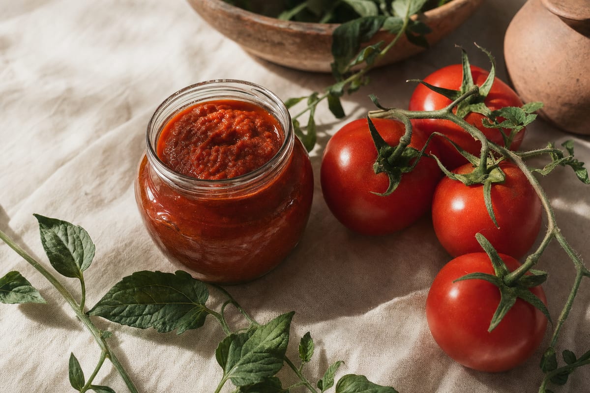 Tarro de cristal de tomate frito junto a un racimo de tomates maduros en la rama, sobre lino claro