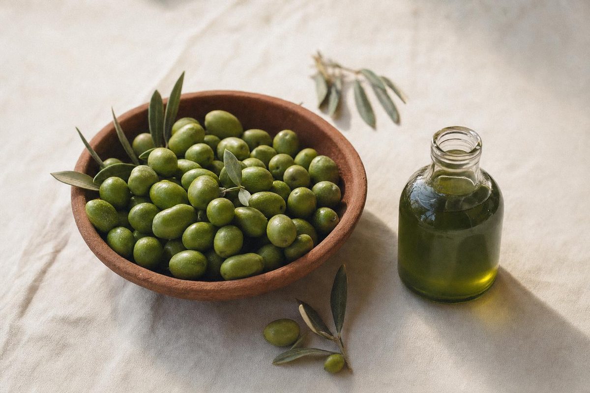 Aceitunas picual verdes recién recogidas con hojas de olivo en un cuenco de barro, junto a una botella de vidrio con aceite verde, sobre lino hueso